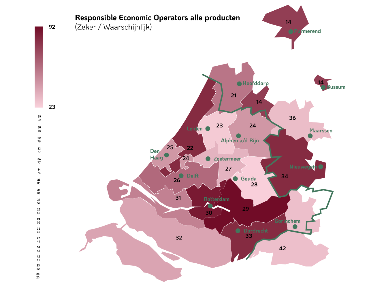 Mapa de Zuid-Holland mostrando a distribuição de empresas potencialmente afetadas por áreas de código postal